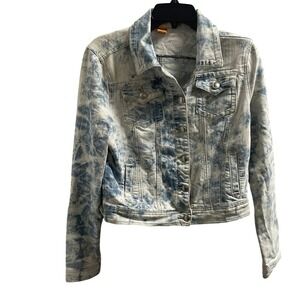JOUJOU Women's Acid Wash Denim Jacket Blue White Distressed Button Front Size L